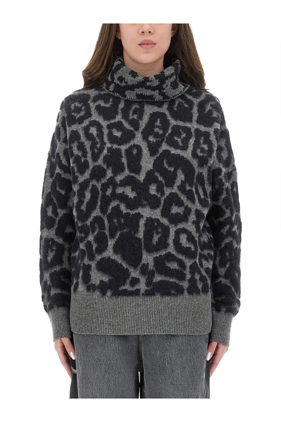 Stella McCartney women’s wool and alpaca leopard sweater in black with a cozy charcoal gray and black turtleneck design