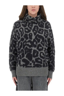 Stella McCartney women’s wool and alpaca leopard sweater in black with a cozy charcoal gray and black turtleneck design