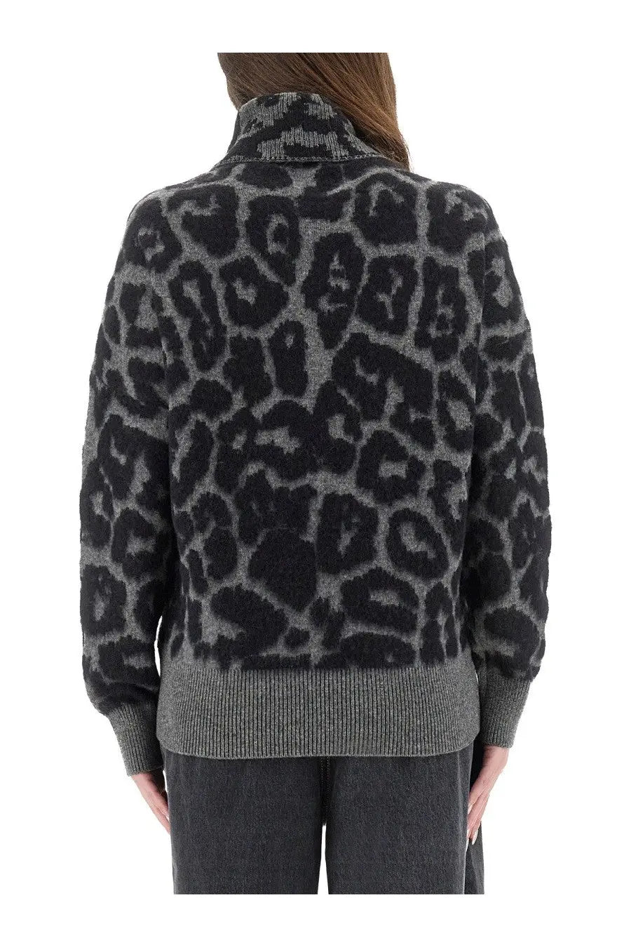 A cozy gray and black leopard-print wool and alpaca knit sweater by Stella McCartney with ribbed collar cuffs and hem