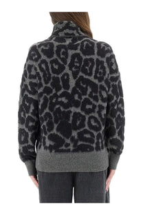 A cozy gray and black leopard-print wool and alpaca knit sweater by Stella McCartney with ribbed collar cuffs and hem