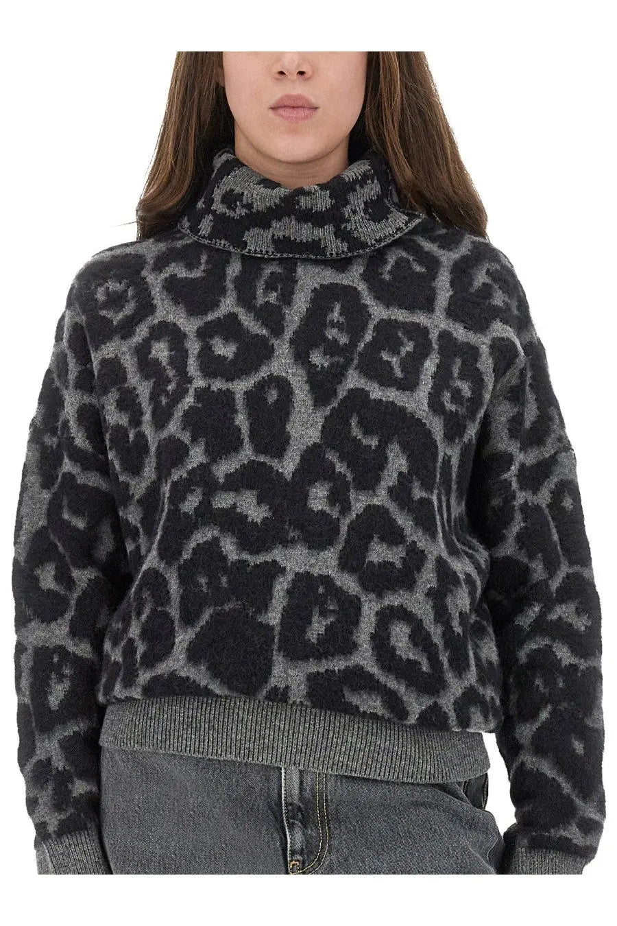 A cozy black and gray leopard-print knit sweater with a high turtleneck collar by Stella McCartney made of wool and alpaca