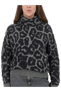 A cozy black and gray leopard-print knit sweater with a high turtleneck collar by Stella McCartney made of wool and alpaca