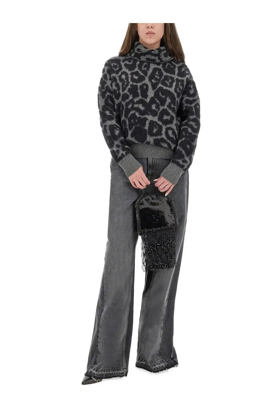 Black sequined mini bag with beaded fringe paired with Stella McCartney women’s wool and alpaca leopard sweater black