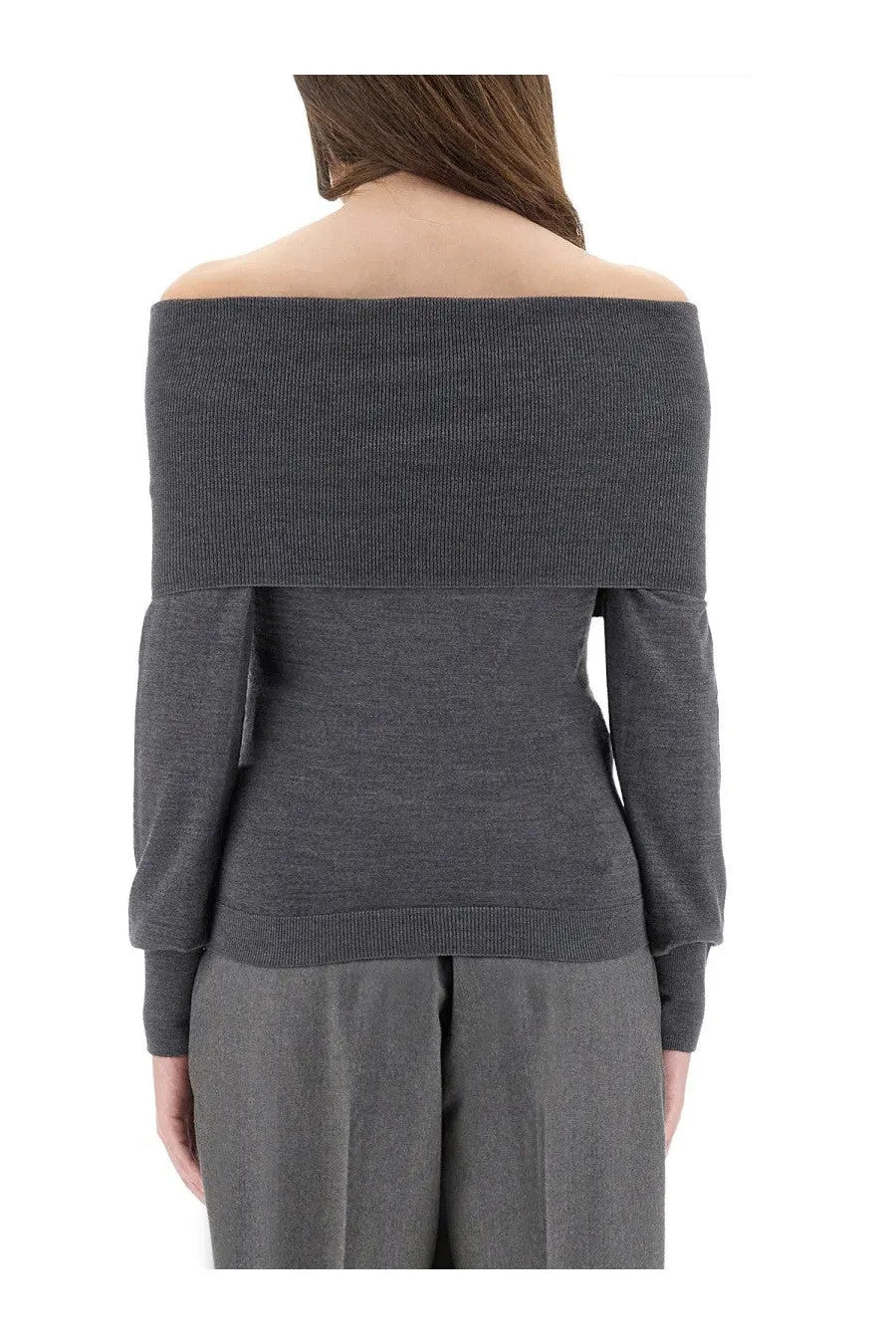 Stella McCartney women’s grey wool off-the-shoulder knit sweater with ribbed texture and long sleeves