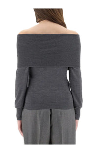 Stella McCartney women’s grey wool off-the-shoulder knit sweater with ribbed texture and long sleeves