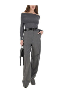 Gray wool turtleneck sweater with off-the-shoulder knit top and long sleeves styled with a black belt from Stella McCartney