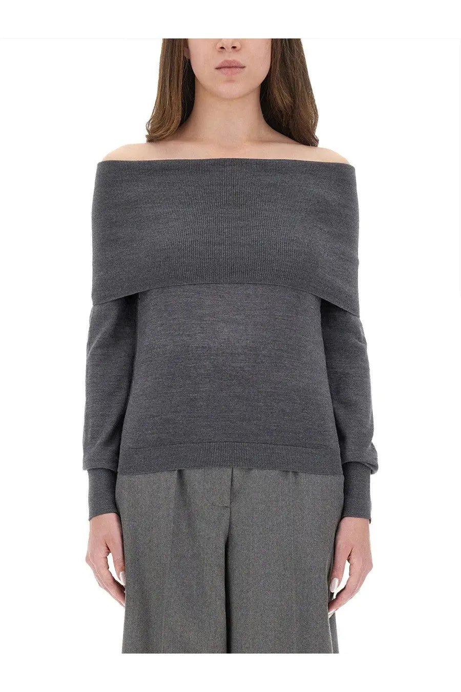 Stella McCartney women’s gray wool off-the-shoulder turtleneck sweater with layered design and ribbed cuffs