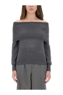 Stella McCartney women’s gray wool off-the-shoulder turtleneck sweater with layered design and ribbed cuffs