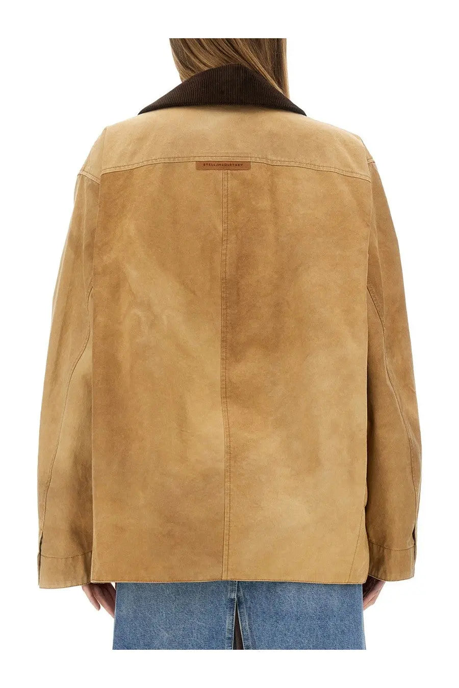 Tan suede Stella McCartney women’s workwear Harrington jacket back with dark brown ribbed collar and leather brand tag