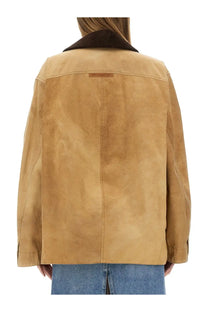 Tan suede Stella McCartney women’s workwear Harrington jacket back with dark brown ribbed collar and leather brand tag