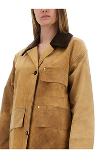 Stella McCartney women’s workwear harrington jacket beige in tan suede with dark brown corduroy collar and silver buttons