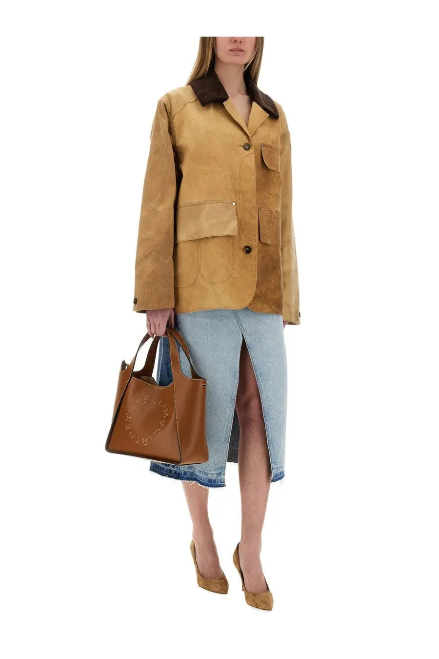 Tan suede Stella McCartney women’s workwear Harrington blazer with dark brown collar and button details in beige