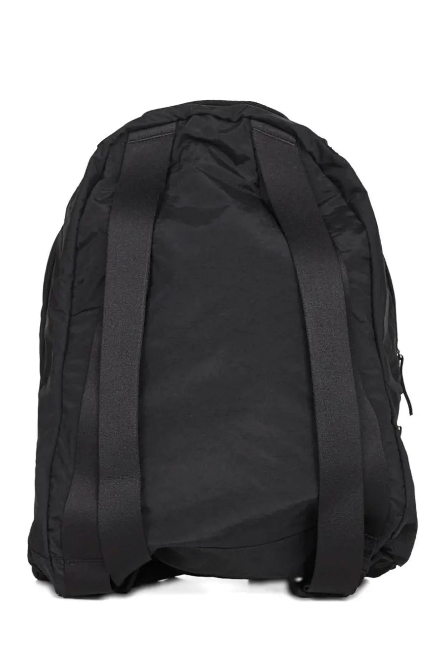 Stone Island men’s black nylon backpack with reinforced shoulder straps and minimalist design shown from the back side