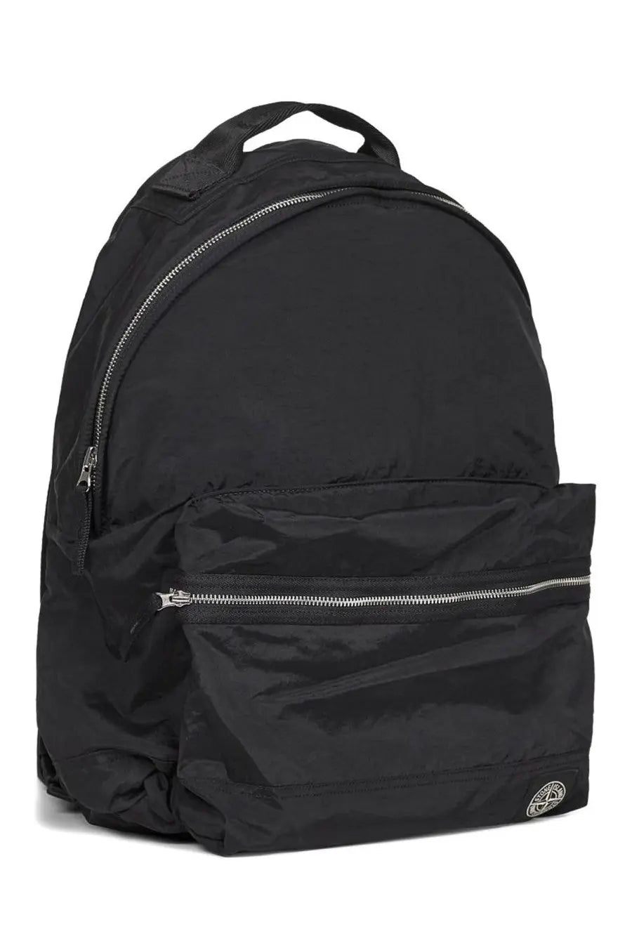 Stone Island men’s black nylon backpack with silver zippers and small circular logo on lower right corner