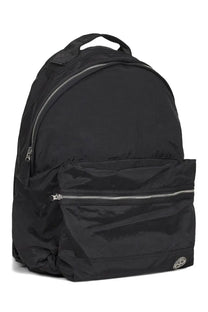 Stone Island men’s black nylon backpack with silver zippers and small circular logo on lower right corner