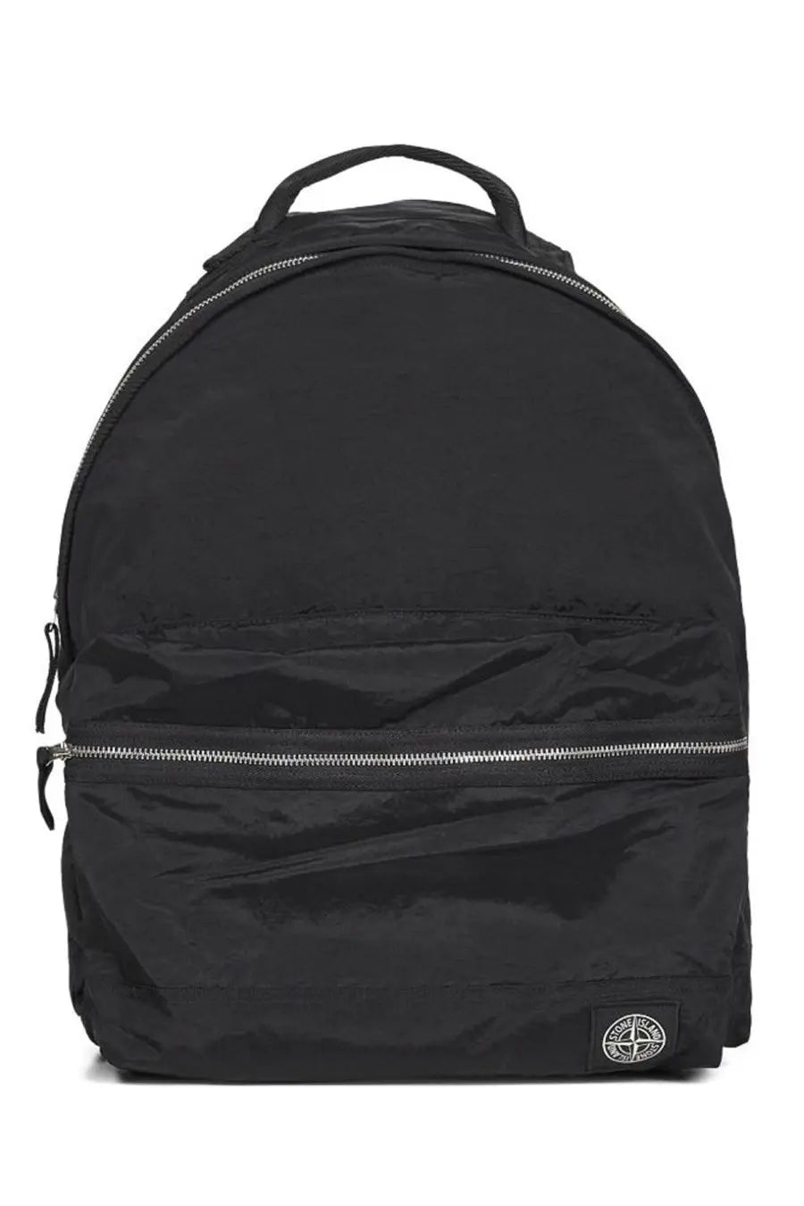 Stone Island men’s black nylon backpack with silver zippers and logo patch perfect for everyday use