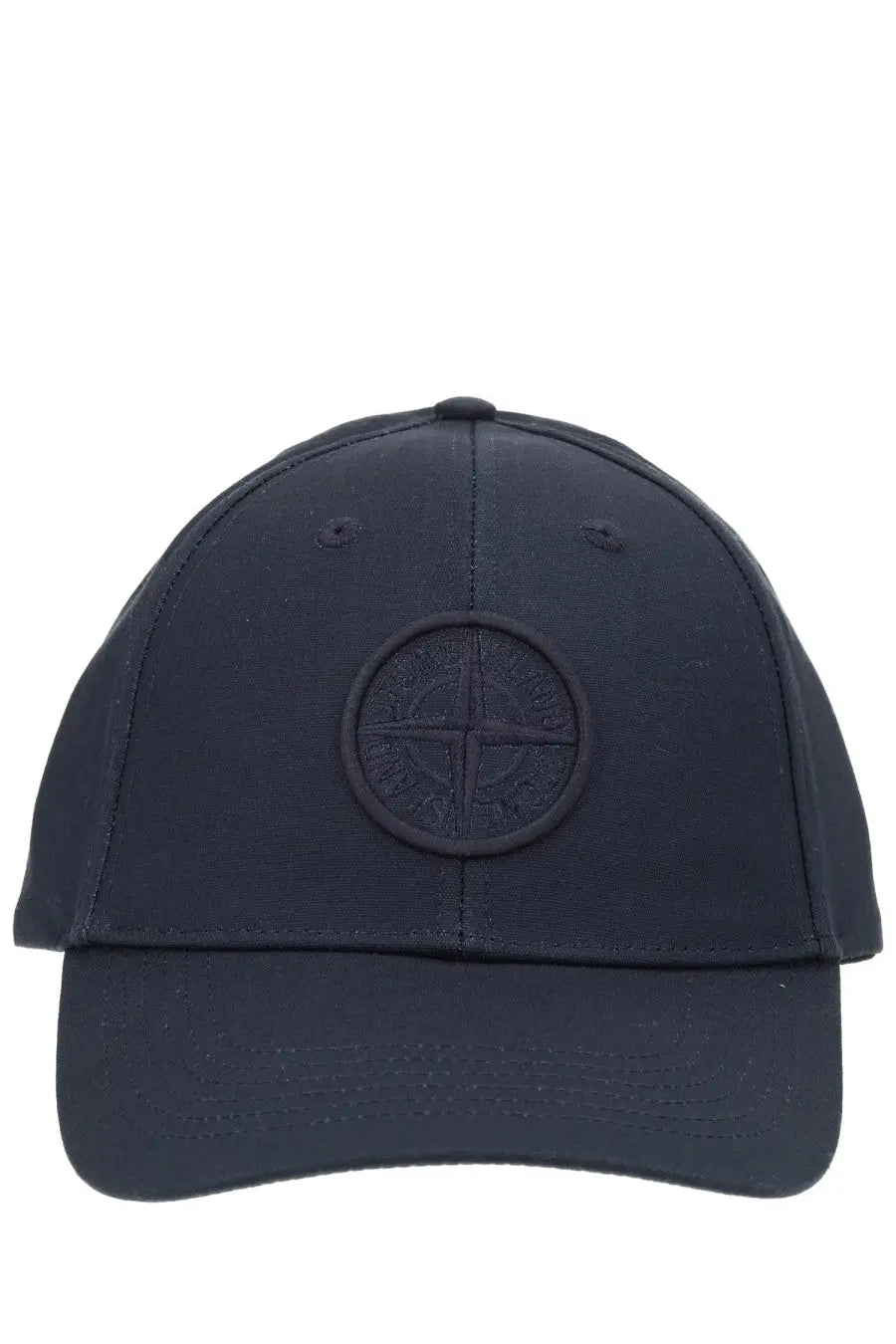 Stone island men’s black baseball hat with circular embossed logo on front for casual wear