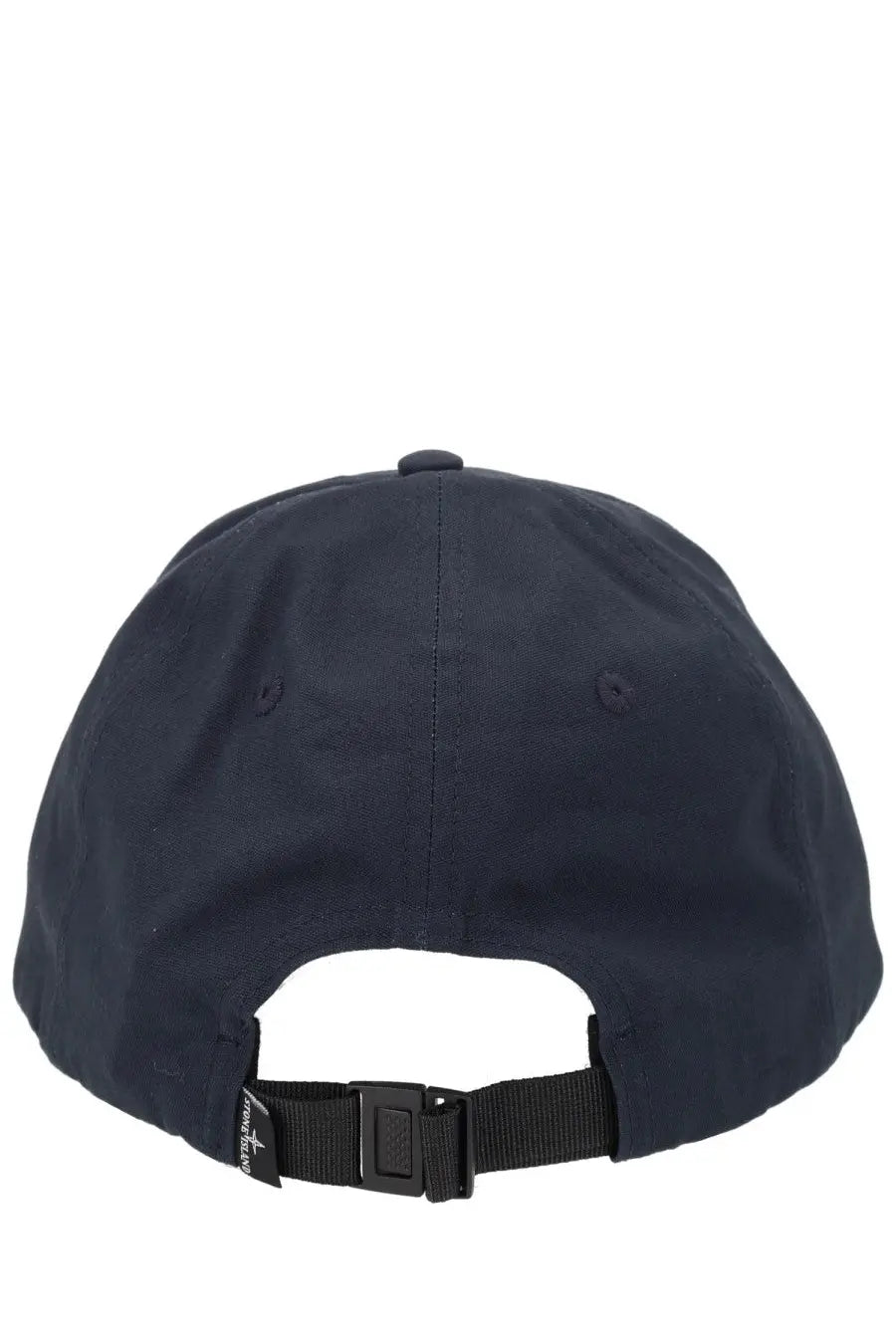 Dark navy blue stone island men’s baseball hat showing black adjustable strap and buckle on the back side