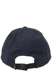 Dark navy blue stone island men’s baseball hat showing black adjustable strap and buckle on the back side