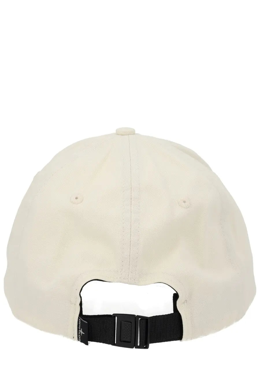 Off-white cotton stone island men’s baseball hat with black adjustable strap and buckle shown from the back side