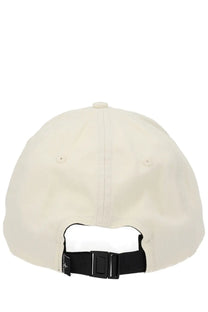 Off-white cotton stone island men’s baseball hat with black adjustable strap and buckle shown from the back side
