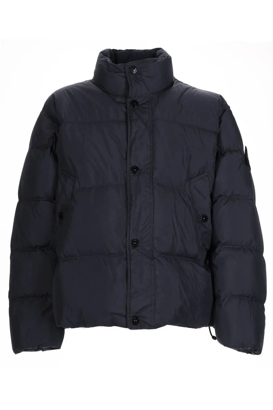 Stone island men’s bomber piumino con patch blue featuring a black puffer jacket with high collar and black buttons