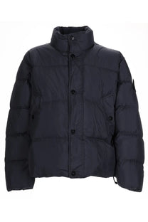 Stone island men’s bomber piumino con patch blue featuring a black puffer jacket with high collar and black buttons