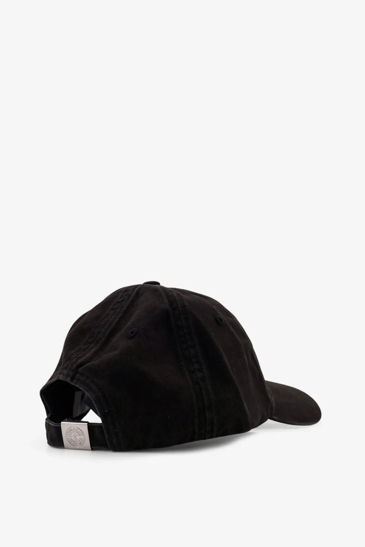 Back side of a black stone island men’s cotton baseball cap with a silver-tone logo patch on the strap
