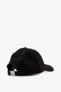 Back side of a black stone island men’s cotton baseball cap with a silver-tone logo patch on the strap