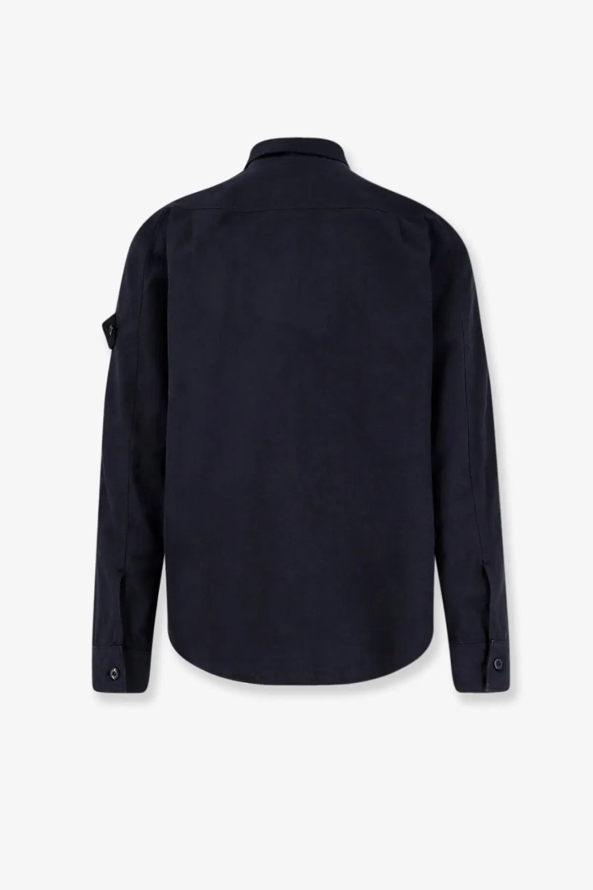 Stone Island men’s black long-sleeved cotton and linen shirt with subtle texture and patch pocket on the left sleeve