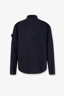 Stone Island men’s black long-sleeved cotton and linen shirt with subtle texture and patch pocket on the left sleeve