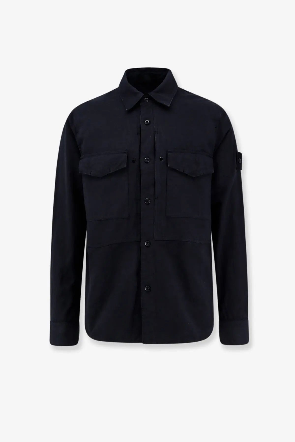 Stone island men’s black long-sleeved cotton and linen button-up shirt with chest pockets and logo patch on left sleeve