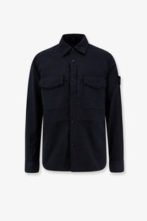 Stone island men’s black long-sleeved cotton and linen button-up shirt with chest pockets and logo patch on left sleeve