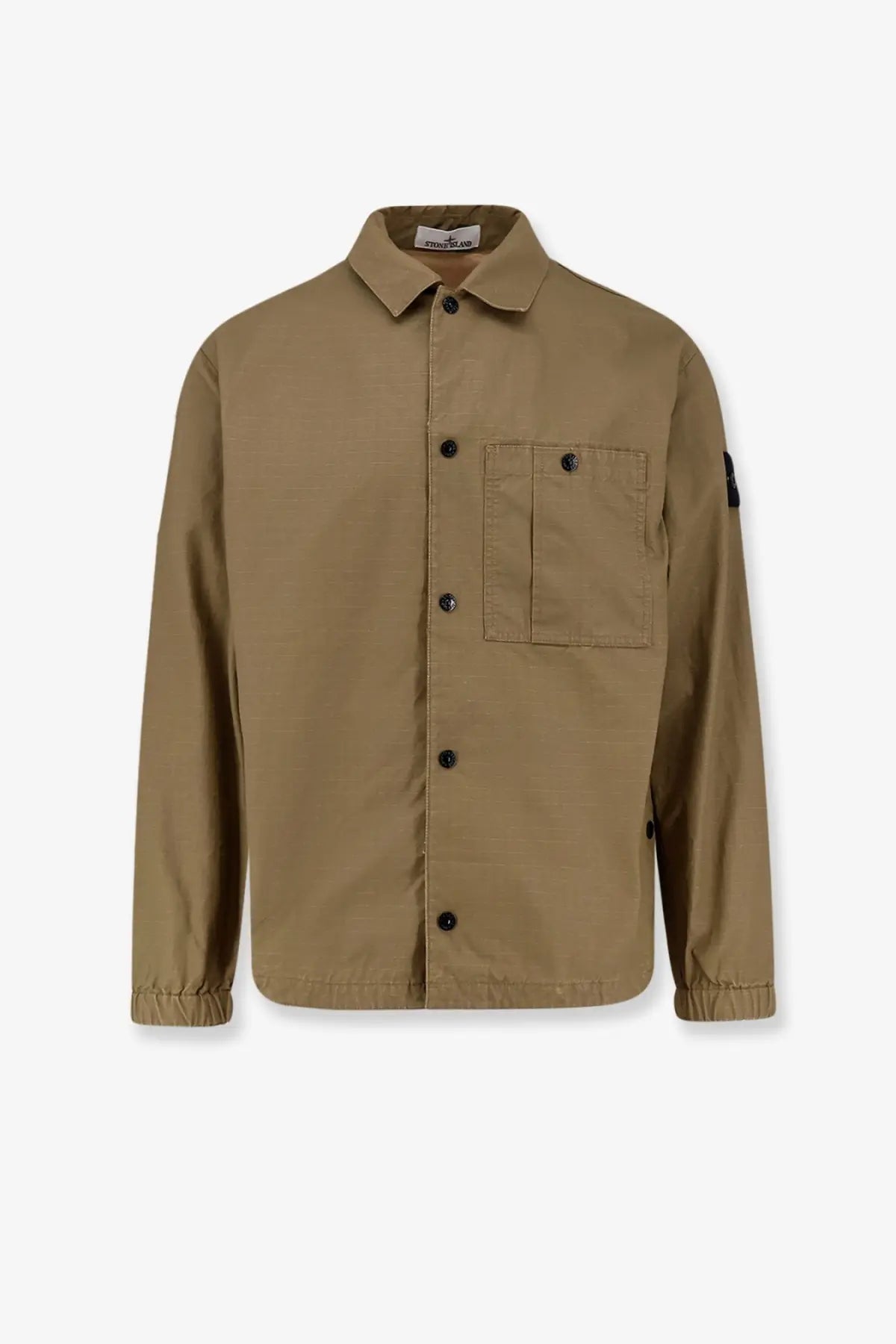 Stone Island men’s cotton shirt in tan stone with black buttons and a chest pocket
