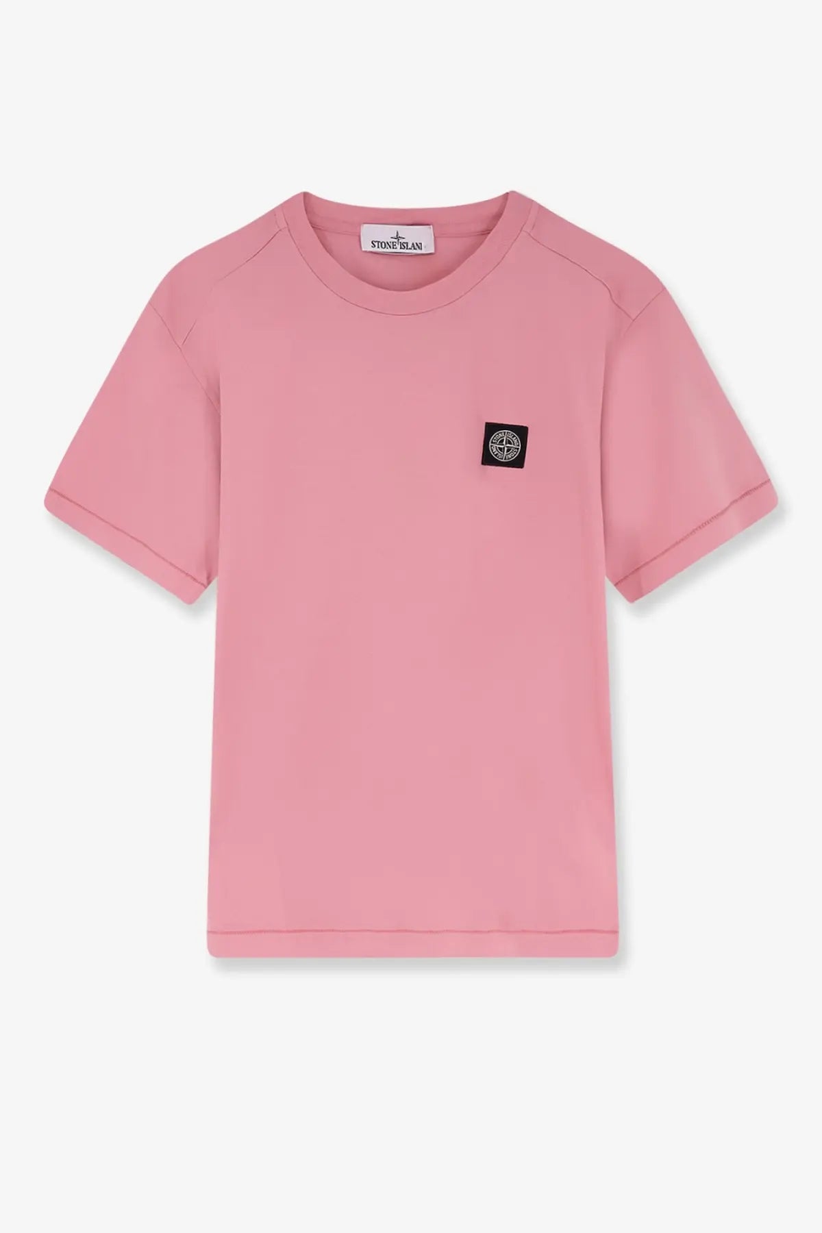 Stone Island men’s cotton shirt pink with black embroidered logo patch on left chest and white brand tag at collar