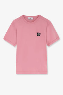 Stone Island men’s cotton shirt pink with black embroidered logo patch on left chest and white brand tag at collar