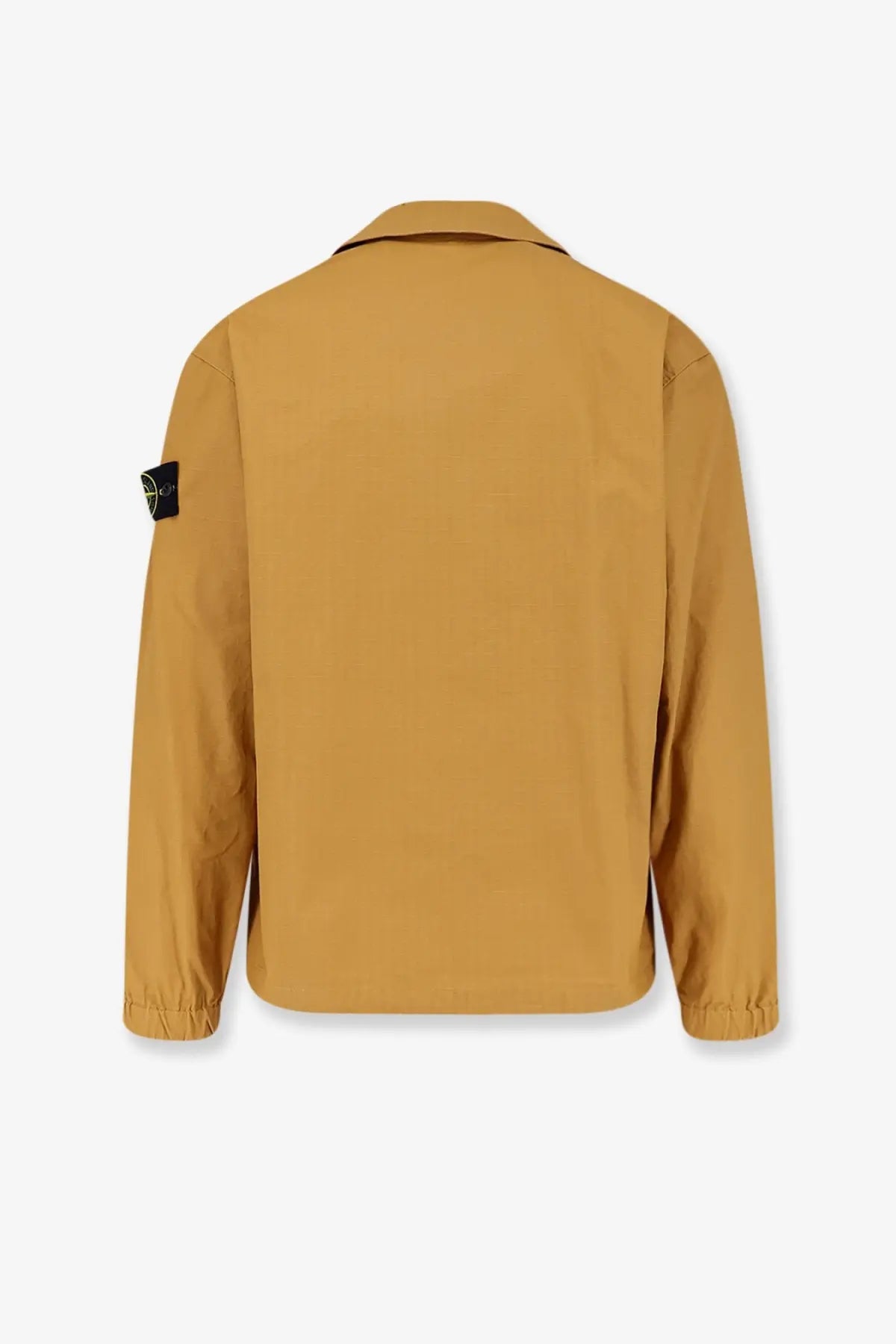 Stone island men’s cotton shirt yellow featuring a tan long-sleeved jacket with collar and elastic cuffs