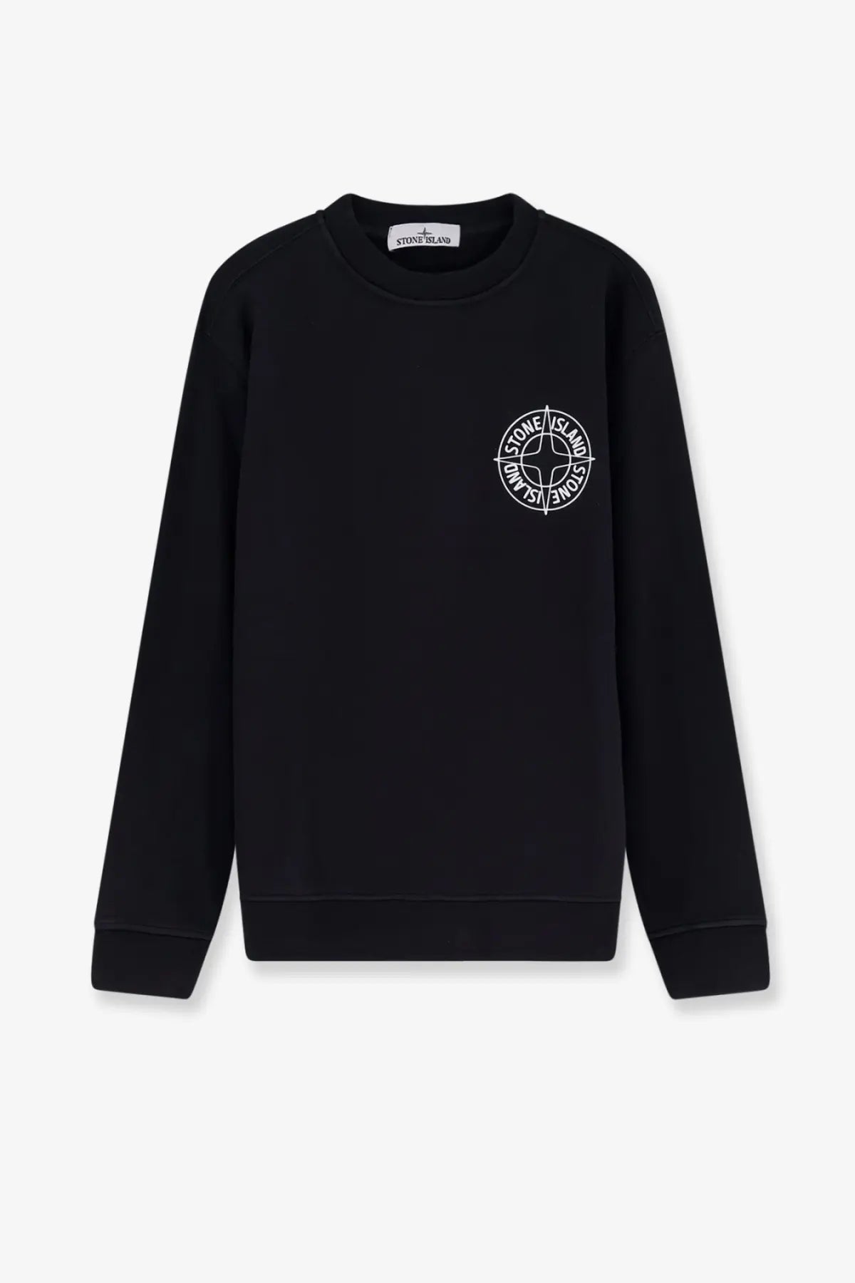 Stone island men’s black cotton crewneck sweatshirt with white circular logo embroidered on left chest