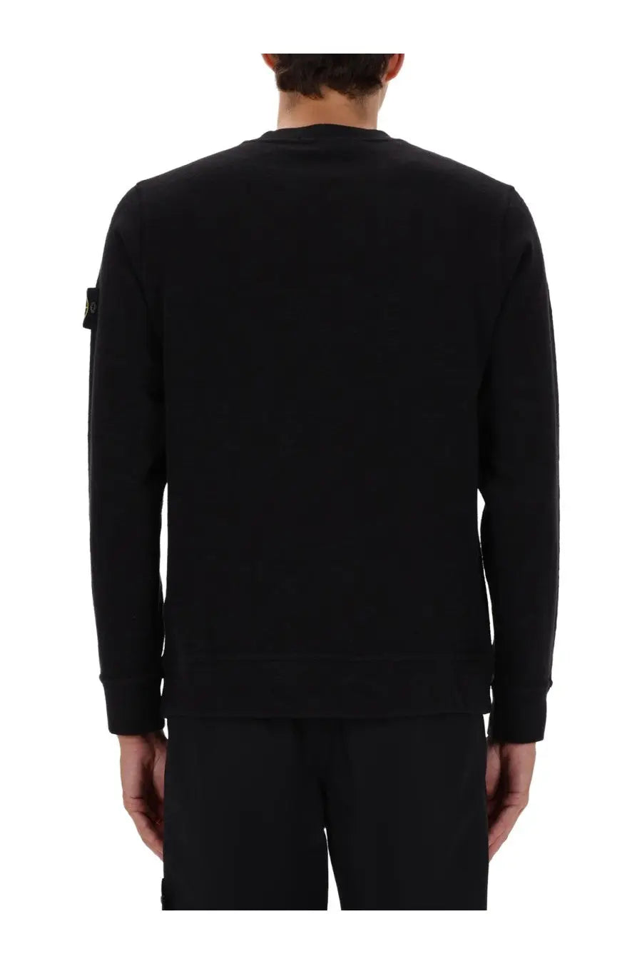 Stone Island men’s black cotton sweatshirt with long sleeves and a small rectangular patch on the left sleeve