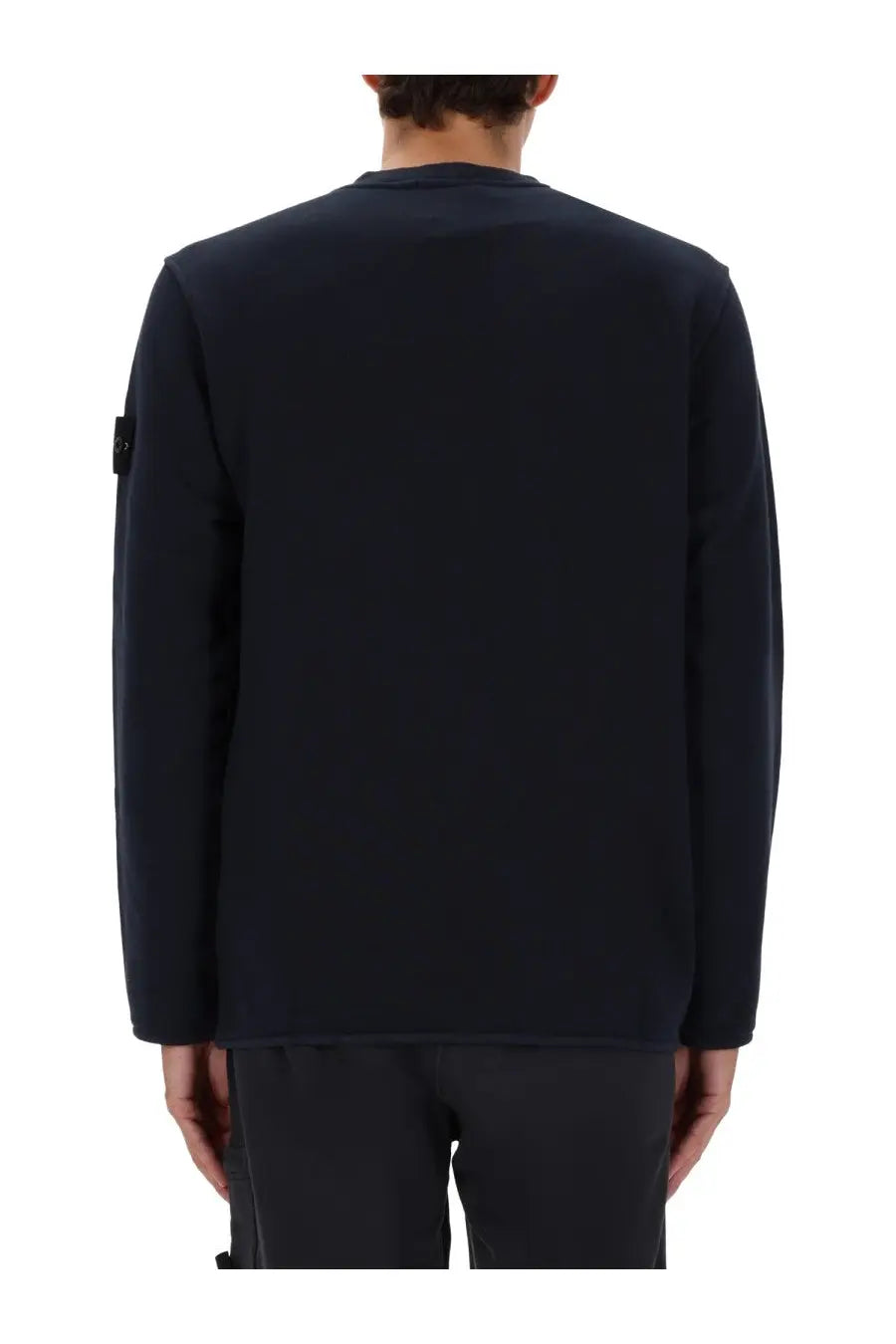 Stone Island men’s black cotton crewneck sweatshirt with subtle texture and small logo patch on left sleeve