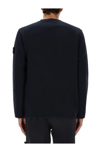 Stone Island men’s black cotton crewneck sweatshirt with subtle texture and small logo patch on left sleeve