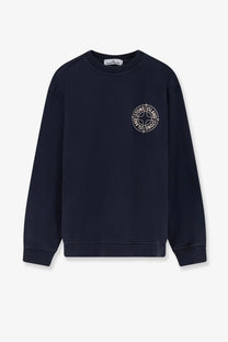 Stone Island men’s cotton crewneck sweatshirt in dark navy blue with a white circular logo embroidered on the chest