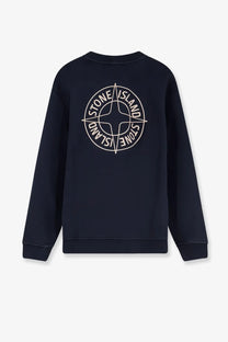 Dark navy stone island men’s cotton sweatshirt with white compass rose logo embroidered on the back