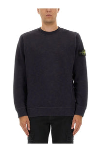Stone Island men’s grey cotton sweatshirt with black stone island crewneck and neon yellow logo patch on left sleeve