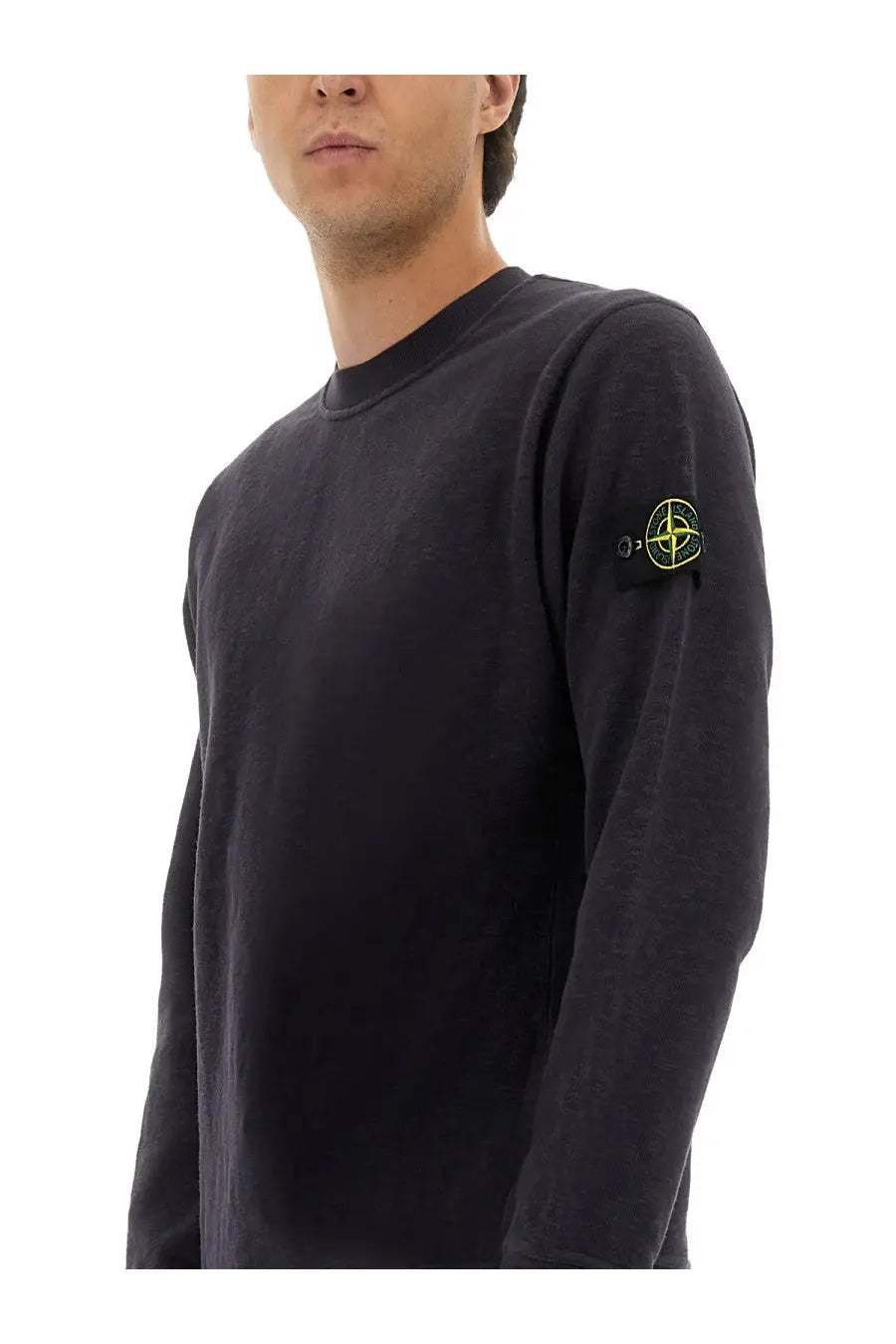 Stone Island men’s cotton sweatshirt grey with black long-sleeved crewneck and yellow embroidered logo on left sleeve