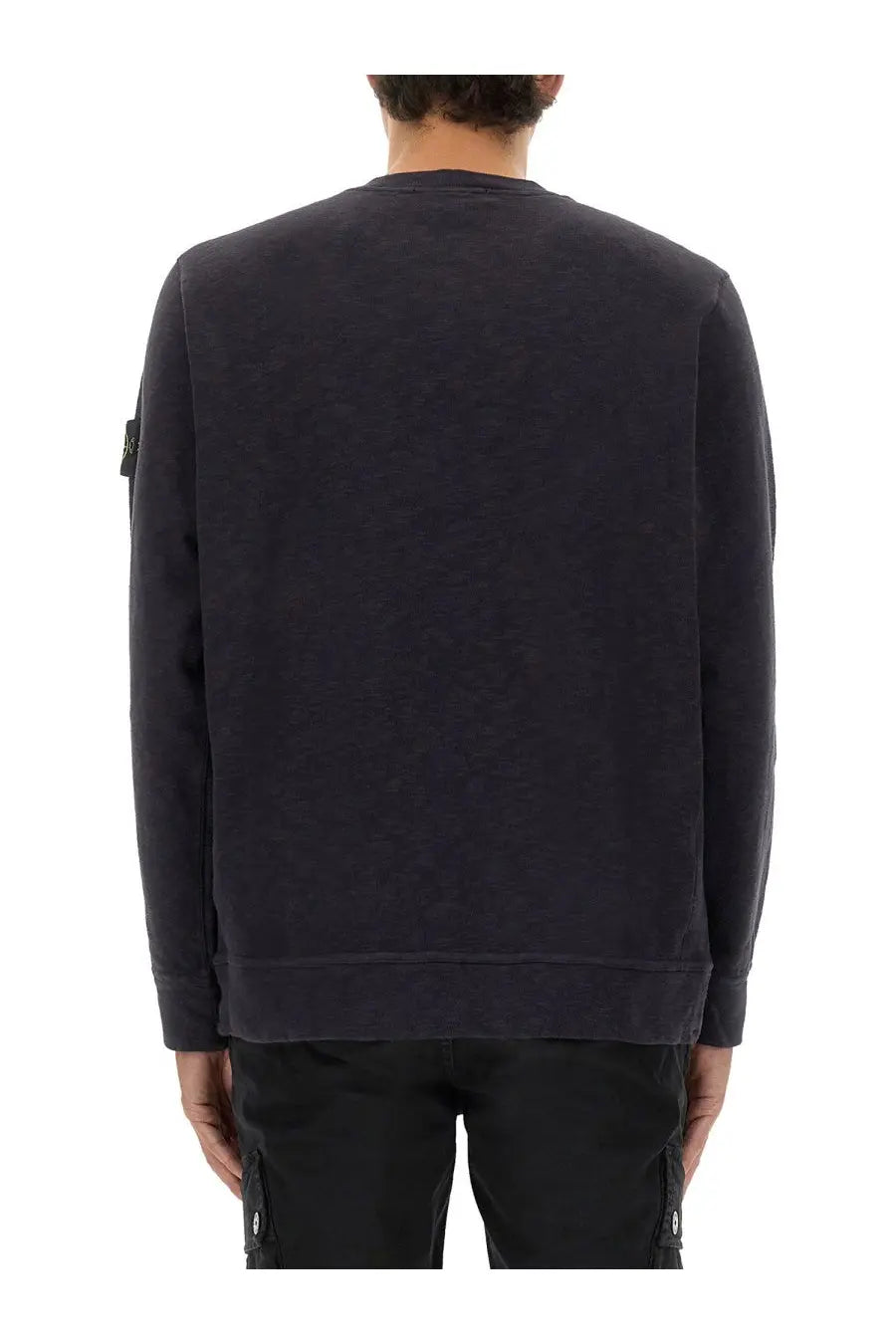 Stone Island men’s grey cotton sweatshirt with dark gray texture ribbed hem cuffs and small logo patch on left sleeve
