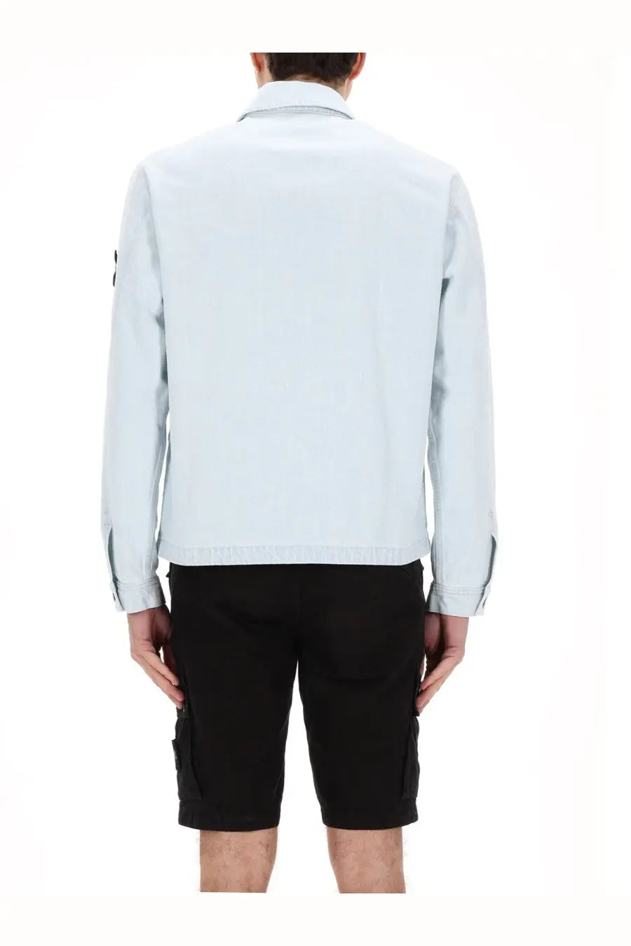 Stone Island men’s light blue denim jacket with long sleeves subtle texture and logo patch on left sleeve