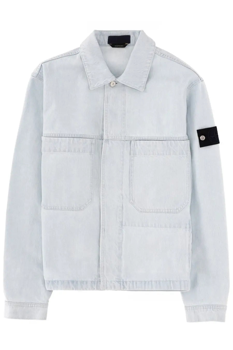 Stone Island men’s denim jacket blue light blue denim work jacket with two front pockets and black sleeve patch