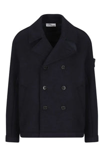 Stone Island men’s black double-breasted peacoat with silver-toned buttons and stone island logo patch on sleeve