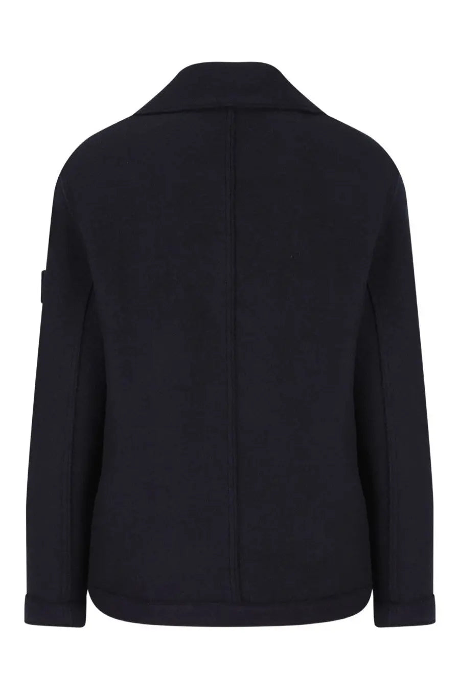 Stone Island men’s double breasted blue coat with structured collar and subtle seam detailing in wool blend